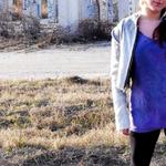 Hand dyed and woven gradated motorcycle jacket with exposed zipper. Hand dyed purple t-shirt dress.
